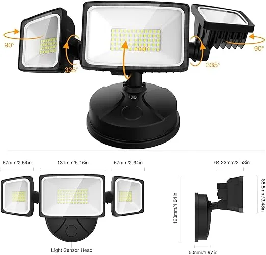 Onforu 60W Flood Lights Outdoor, 6000LM Brightness Security Lights Switch Controlled, 3 Adjustable Heads, IP65 Waterproof, 6500K Wall Mount Exterior LED Flood Light