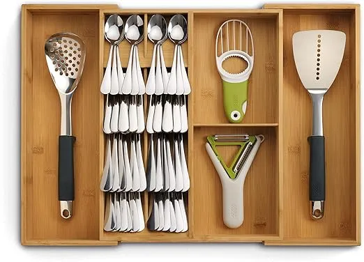 Joseph Joseph DrawerStore Expanding Silverware, Flatware, Utensil & Gadgets Organizer, Expandable in Drawer Space Saving Tray, Bamboo