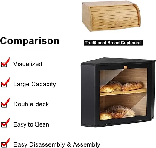 HOMEKOKO Double Layers Bamboo Corner Bread Box for Kitchen Counter, Wooden Large Capacity Bamboo Bread Food Storage Bin (Black)