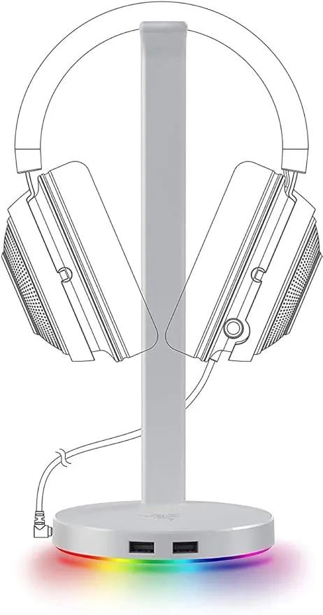 Base Station V2 Chroma Headphone Headset Stand Holder: Chroma RGB Lighting - Taller Stand & Anti-Slip Ledge - USB Charging Ports - Anti-Slip Rubber Base - 3.5mm Port + Built-in DAC - Mercury White