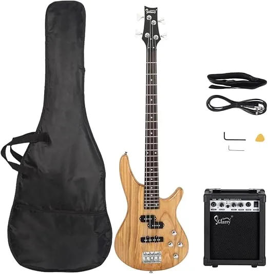 GLARRY GIB Series 4 String Electric Bass Guitar Beginner Kit Full Size with 20W AMP, Strap, Bag and Accessories (Burlywood)