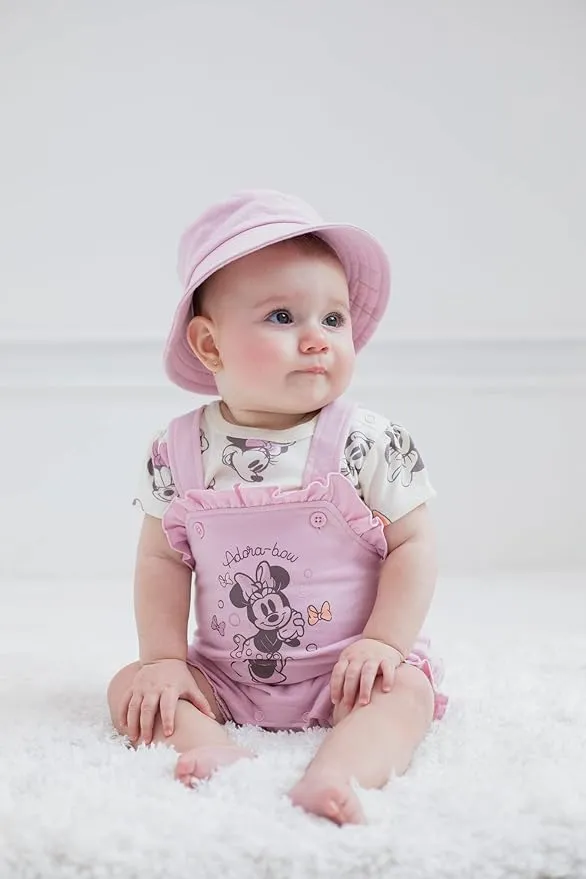 Disney Minnie Mouse Ariel Baby Girls French Terry Short Overalls T-Shirt and Hat 3 Piece Outfit Set Newborn to Infant