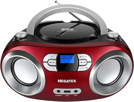 MEGATEK Portable CD Player Boombox with FM Radio, Bluetooth, and USB Port | Clear Stereo Sound | CD-R/RW and MP3 CDs Compatible | 3.5mm Aux Input and Headphone Jack | Backlit LCD Display - Cherry Red