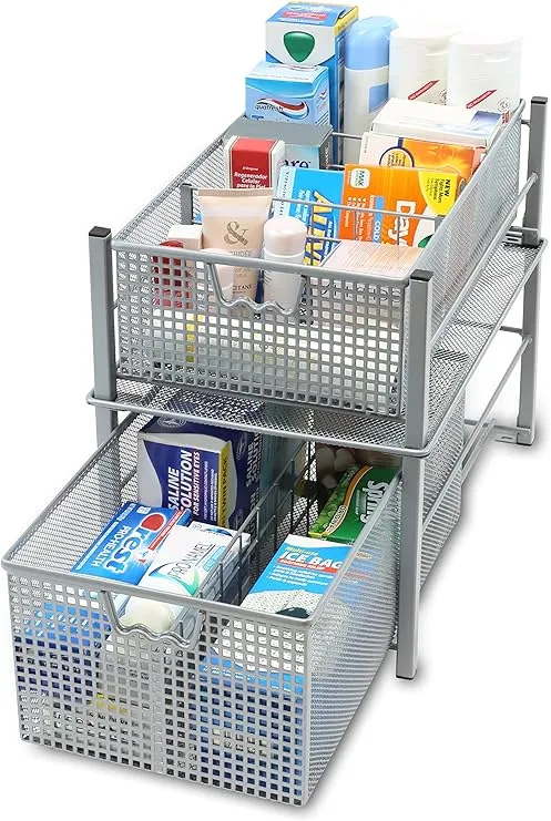 DecoBrothers Stackable Pull Out Cabinet Sliding Basket with Dividers, Large, Silver