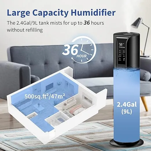 Humidifiers for Bedroom Large Room, 9L/2.4Gal Cool Mist Top Fill Humidifier with Essential Oil Remote Control 360°Nozzle for Home Baby Office Plants Bedroom (Black)