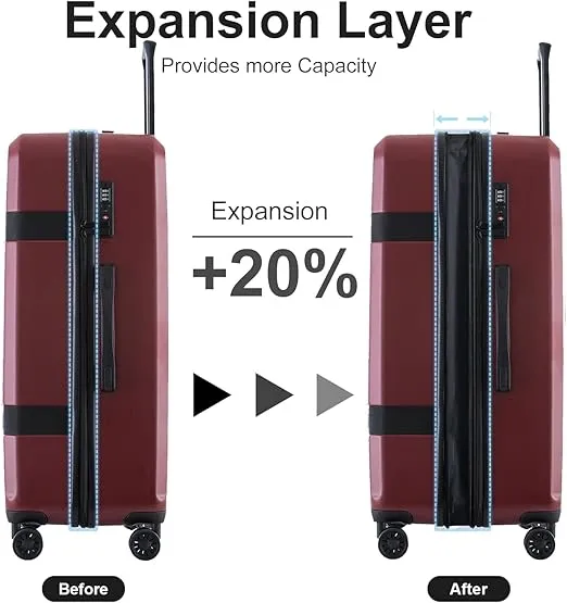 3 Piece Luggage Set, PC+ABS Lightweight Suitcase Sets with Spinner Wheels, Expandable Hardside Carry-On Luggage with TSA Lock Red (20/24/28)