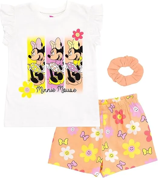 Disney Minnie Mouse T-Shirt French Terry Shorts and Scrunchie 3 Piece Outfit Set Infant to Big Kid