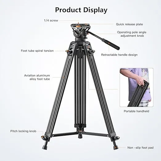 Video Tripod, COMAN 74" Professional Metal Heavy Duty Camera Tripods with Adjustable Damping Fluid Head, Dual-Mode QR Plate Compatible with DJI RS4 Manfrotto (Q6 New Fluid Head)