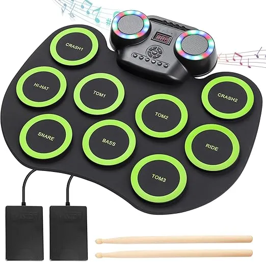 Electronic Drum Set 9Pads with LED Lights, Bluetooth Electronic Drum, Roll-Up Drum Pad, Built-in Dual Speakers, Headphone, Holiday Birthday Gift for Kids Adults