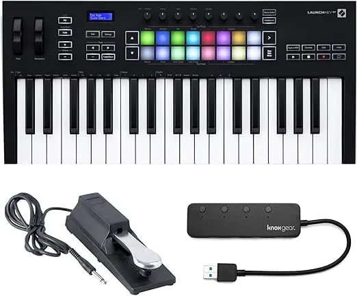 Novation Launchkey 37 (MK3) 37-Key MIDI Keyboard Bundle with Sustain Pedal and 4-Port USB 3.0 Hub (3 Items)