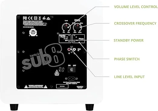 Kanto SUB8VMW Sealed Powered Subwoofer | 300W Peak Power | 8" Woofer | Matte White