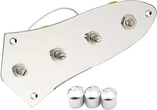 Musiclily Loaded J Bass Control Plate Pre-Wired Jazz Bass Control Plate with Wiring Harness for Jazz Bass Guitar Replacement, Chrome