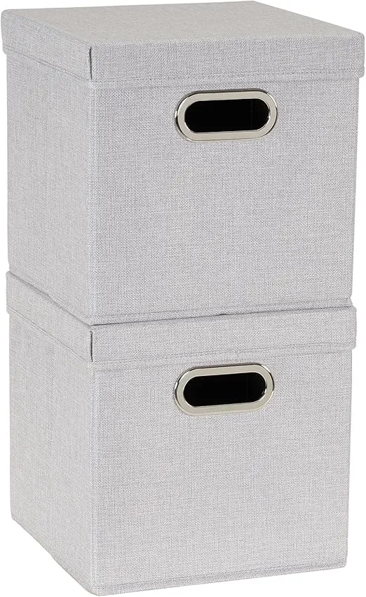 Household Essentials 804-1 Café Cube Bin Storage Set with Lids and Handles | 2 Pack, Grey Linen