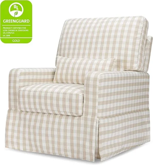 Namesake Crawford Pillowback Comfort Swivel Glider in Tan Gingham, Water Repellent & Stain Resistant, Greenguard Gold & CertiPUR-US Certified