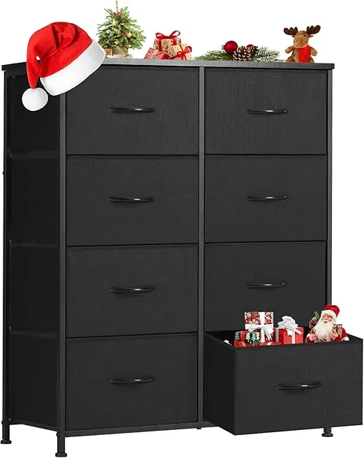 Sweetcrispy Dresser for Bedroom with 8 Storage Drawers, Tall Large Fabric Storage Tower Organizer, Chest of Drawers with Metal Frame Wooden Top for Nursery, Closet, Living Room, Entryway, Black