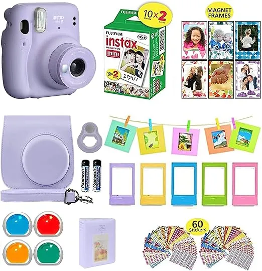 Fujifilm Instax Mini 11 Instant Camera Lilac Purple + Shutter Compatible Carrying Case + Fuji Film Value Pack (20 Sheets) + Shutter Accessories Bundle, Color Filters, Photo Album, Assorted Frames