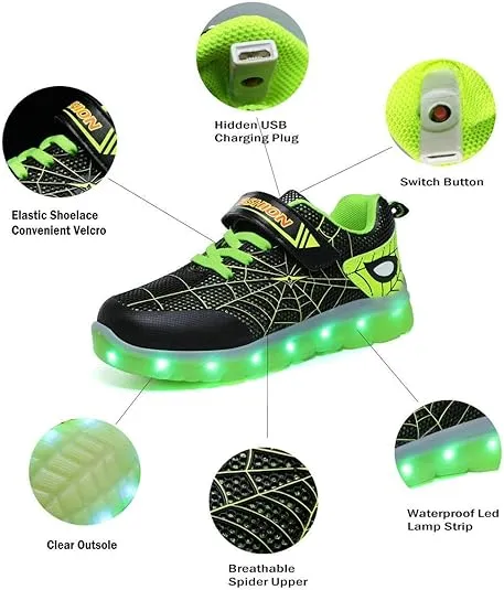 YUNICUS Kids Light Up Shoes Led Flash Sneakers with Spider Upper USB Charge for Boys Girls Toddles Best Gift for Birthday Thanksgiving Christmas Day