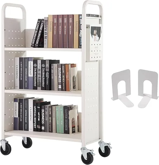 VEVOR Book Cart, 330 lbs Library Cart, 31.1" x 15.2" x 49.2" Rolling Book Cart, Single Sided L-Shaped Flat Shelves with 4-Inch Lockable Wheels for Home Shelves Office and School, Book Truck in White