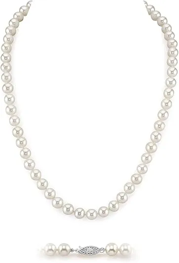 The Pearl Source Real Pearl Necklace AAA+ Quality Round White Freshwater Genuine Cultured Pearls |14K Gold Plated Sterling Silver Clasp Pearl Gifts for Christmas, Holidays and Anniversary