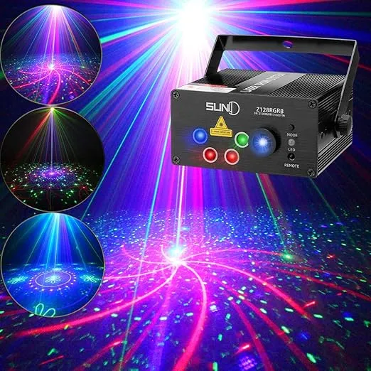 SUNY Stage Party Lights Music Show DJ 128 Combinations Christmas DJ Projector Indoor 5 Lens 3 Color RGB Decoration Light Blue LED Remote Control Stage Lighting Sound Activated Party House Xmas Gifts