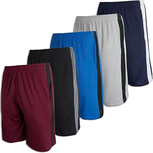 Real Essentials Boys' 5-Pack Mesh Active Athletic Performance Basketball Shorts with Pockets