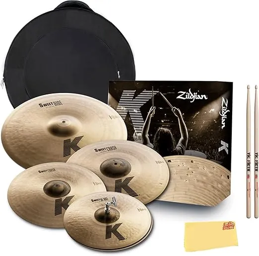 Zildjian KS5791 K Sweet Cymbal Pack 15/17/19/21 Inch Bundle with Bag, Drumsticks, and Austin Bazaar Polishing Cloth