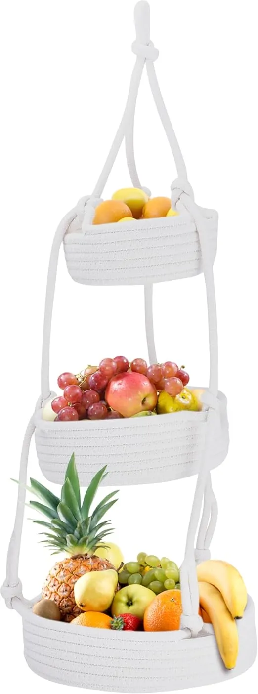 REGAL TRUNK Hanging Fruit Baskets for Kitchen - 3 tiers Fruit Baskets Hanger - Macrame Fruit Hammock - White Boho Wall Decor - Produce and Vegetable Tiered Storage Holder - 3x10x27.5 in