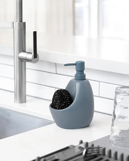 Umbra Joey Matte Ceramic Liquid Soap Dispenser with Sponge Caddy, Ideal for Kitchen or Bathroom Use, 20 oz, Slate Blue