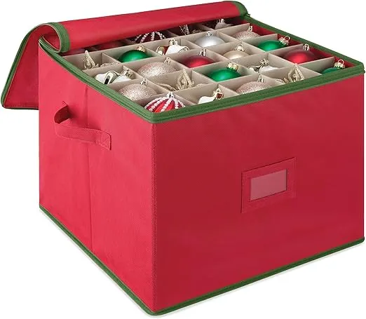 Whitmor Christmas Ornament Storage Box with Dividers, Holiday Decoration Container Bin for Xmas Decorations (75 Sections, Red with Green Trim, Identification Label Included)