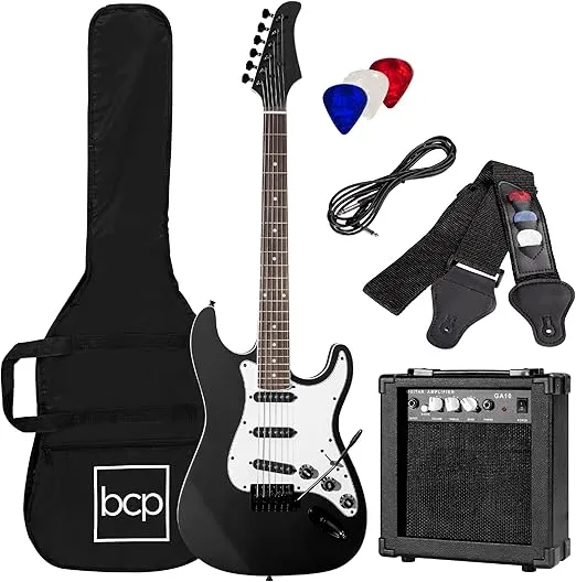 Best Choice Products 39in Full Size Beginner Electric Guitar Starter Kit w/Case, Strap, 10W Amp, Strings, Pick, Tremolo Bar - Jet Black