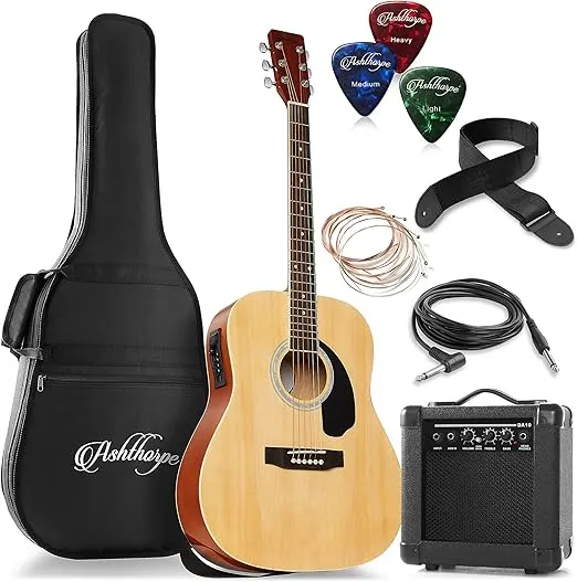 Ashthorpe Full-Size Dreadnought Acoustic Electric Guitar Package with 10 Watt Amp - Natural