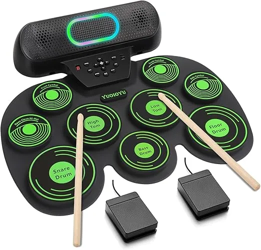 Electronic Drum Set - YUOIOYU Electric Drum Set Roll Up Drum Kit MIDI Practice Drum Pad with Dual Built-in Speaker, Drum Sticks and Pedals,Christmas Birthday Gift for Kids Adult (Green)