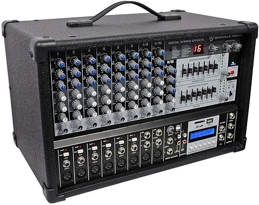 Rockville 12 Channel 4800w Powered Mixer, 7 Band EQ, Effects, USB, 48V (RPM109)