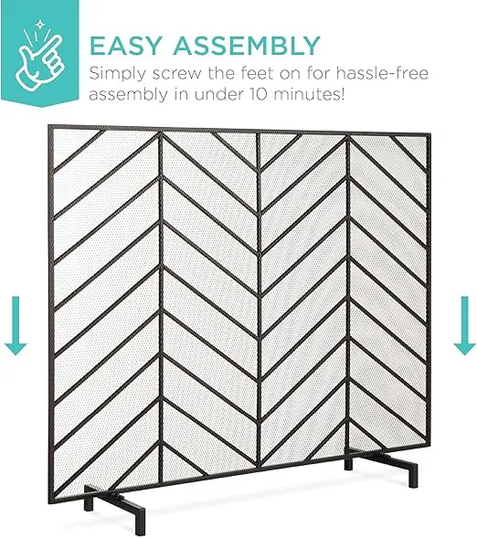 Best Choice Products 38x31in Single Panel Handcrafted Wrought Iron Mesh Chevron Fireplace Screen, Fire Spark Guard for Living Room, Bedroom Décor w/Distressed Antique Finish - Satin Black