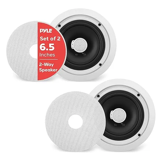 Pyle 6.5'' In-Wall/In-Ceiling Midbass Speakers (Pair) - 2-Way Woofer Speaker System Directable 1” Titanium Dome Tweeter Flush Mount Design w/ 65Hz - 22kHz Frequency Response 250 Watts Peak - PDIC60