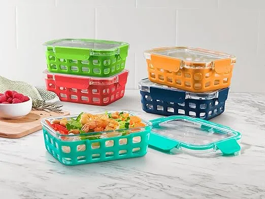 Ello Duraglass 3.4 Cup Meal Prep Sets 10Pc, 5 Pack Set- Glass Food Storage Container with Silicone Sleeve and Airtight BPA-Free Plastic Lids, Dishwasher, Microwave, and Freezer Safe, Fruit Salad