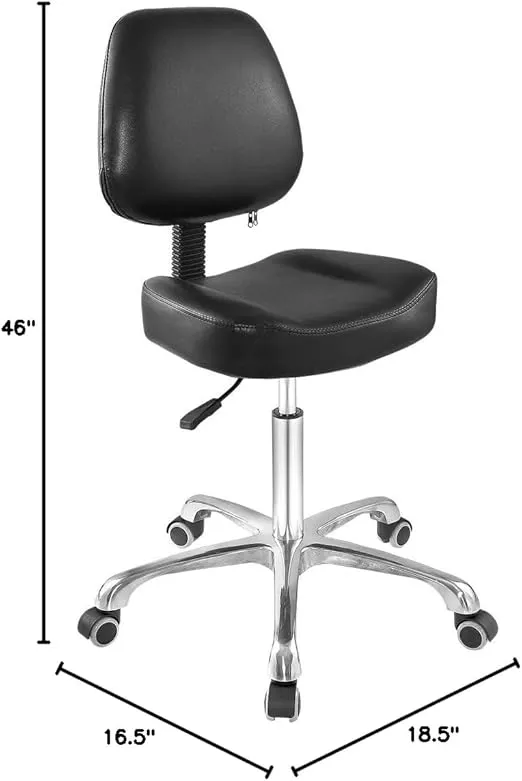 Grace&Grace Rolling Shop Stool Chair with Back Support for Drafting,Work,Studio,Workshop,Office,Rolling Vanity Chair with Wheels (Black, Without Foot Rest)