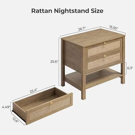 SICOTAS Night Stand with Drawers and Storage Shelf - Large Nightstands Rattan Decor Boho Bedside Table Narrow Side Table for Bedroom, Small Space