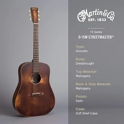 Martin Guitar D-15M StreetMaster with Gig Bag, Acoustic Guitar for the Working Musician, Mahogany Construction, Distressed Satin Finish, D-14 Fret, and Low Oval Neck Shape