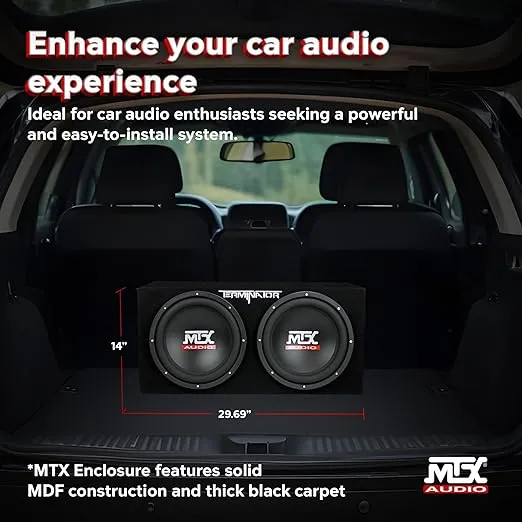 MTX Terminator 12 Inch 1200 Watt 2 Ohm Single Voice Coil Audio Dual Loaded Subwoofer Speaker Box Enclosure for Vehicle Sound System, Black