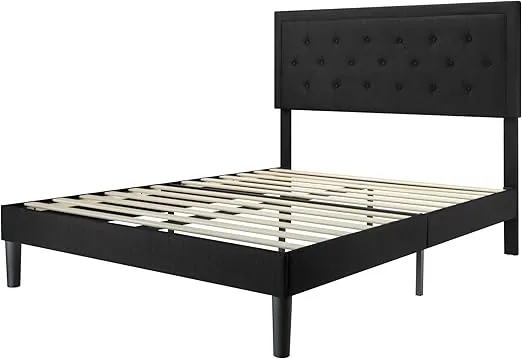 Allewie Full Size Bed Frame Upholstered Platform Bed with Adjustable Headboard, Button Tufted, Wood Slat Support, Easy Assembly, Black