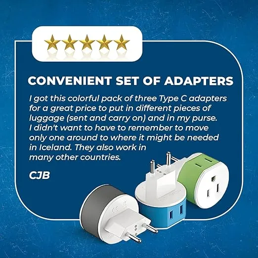 OREI European Power Plug Adapter, with 2 USA Inputs - Travel 3 Pack - Type C (US-9C) - Turkey, Italy, Iceland, and More - Safe Grounded Use with Cell Phones, Laptop, Camera Chargers, CPAP, and More