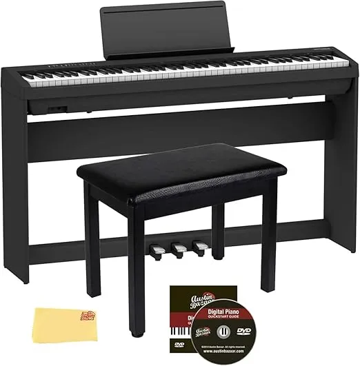 Roland FP-30X 88-Key Digital Piano - Black Bundle with Roland KSC-70 Stand, Roland KPD-70 Three Pedal Unit, Bench, Online Piano Lessons, Instructional DVD, and Austin Bazaar Polishing Cloth