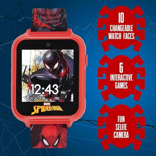 Accutime Kids Marvel Spider-Man Red Educational Touchscreen Smart Watch Toy for Boys, Girls, Toddlers - Selfie Cam, Learning Games, Alarm, Calculator, Pedometer, and More (Model: SPD4667AZ)