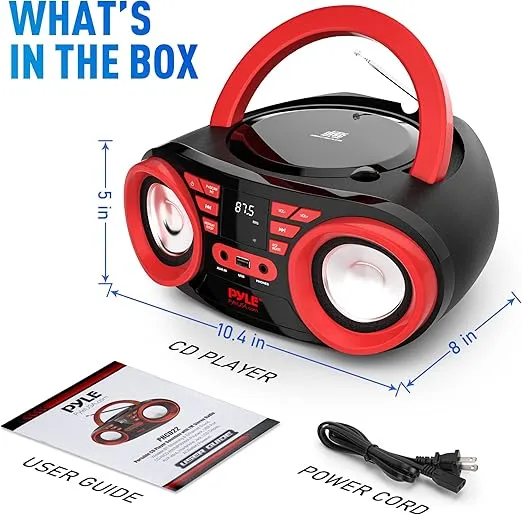 Pyle Portable CD Player Bluetooth Boombox Speaker - AM/FM Stereo Radio & Audio Sound, Supports CD-R-RW/MP3/WMA, USB, AUX, Headphone, LED Display, AC/Battery Powered, Red Black - PHCD22.5