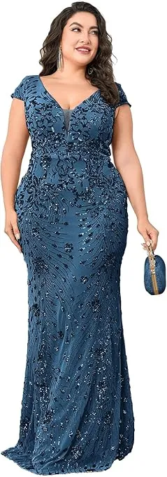 Plus Size Womens Sequined Long Evening Gown Glamous Sleeveless V-Neck Mermaid Prom Dress for Wedding Party