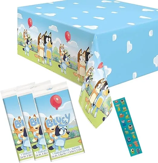 Unique Bluey Birthday Party Supplies, Rectangular Plastic Table Covers, Set of 3, 1 Sticker Sheet, Kids Birthday Decorations