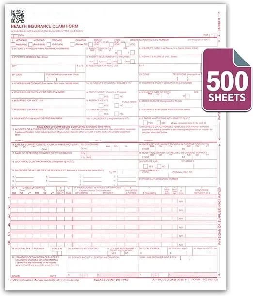 CMS 1500 / HCFA 1500 Insurance Claim Forms - Laser / Ink-Jet Compatible (New Version 02/12) Letter Size 8-12" x 11", from NextDayLabels, 500 Sheets Per Pack