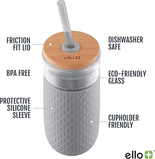 Ello Devon 18oz Glass Tumbler with Straw, Friction Fit Bamboo Wood Lid and Silicone Sleeve | Perfect for Iced Coffee, Tea, Matcha and Smoothies