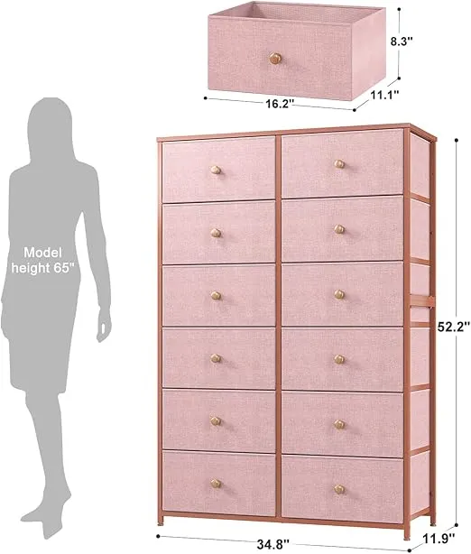 EnHomee Dresser with 12 Drawers, Tall Dressers for Girls Bedroom with Wood Top Metal Frame, Chest of Drawers for Bedroom, Closets, Pink, 11.9" D x 34.8" W x 52.2" H